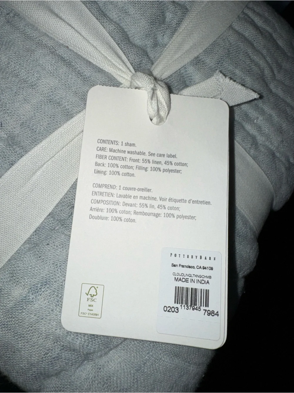 Pottery Barn Cloud Linen Cotton Quilted King Size Sham Chambray Set Of Two